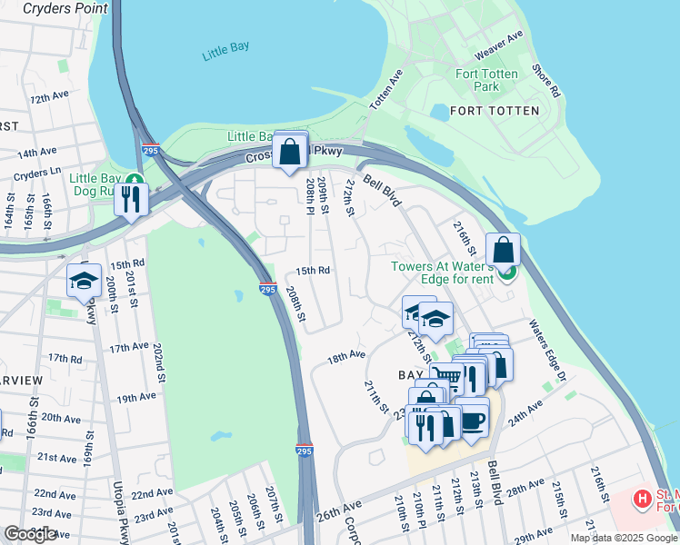 map of restaurants, bars, coffee shops, grocery stores, and more near 208-58 15th Road in Queens