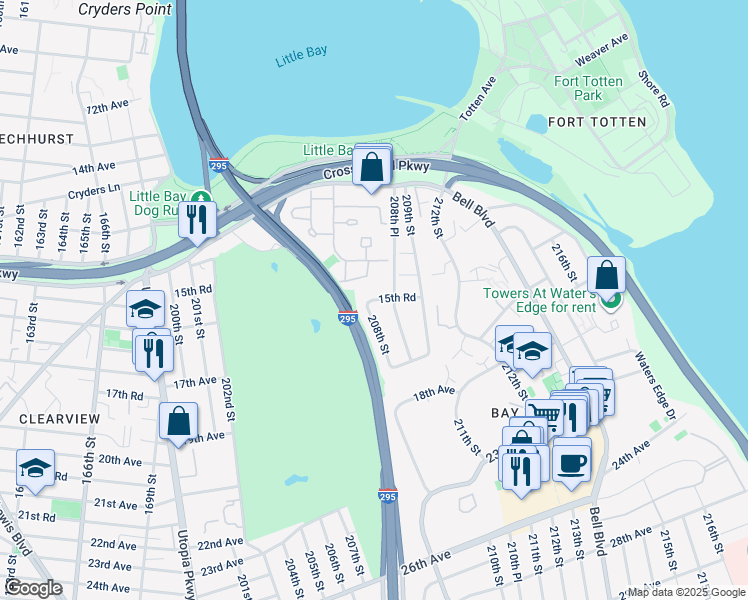 map of restaurants, bars, coffee shops, grocery stores, and more near 208-14 15th Road in Queens