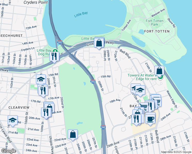 map of restaurants, bars, coffee shops, grocery stores, and more near Clearview Expressway in Queens