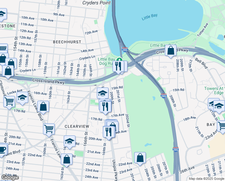 map of restaurants, bars, coffee shops, grocery stores, and more near 15-34 200th Street in Queens