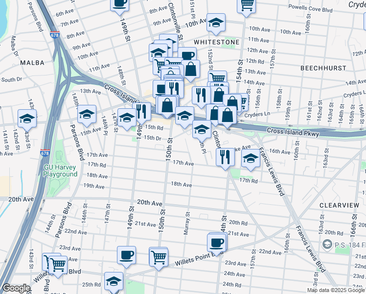 map of restaurants, bars, coffee shops, grocery stores, and more near in Queens
