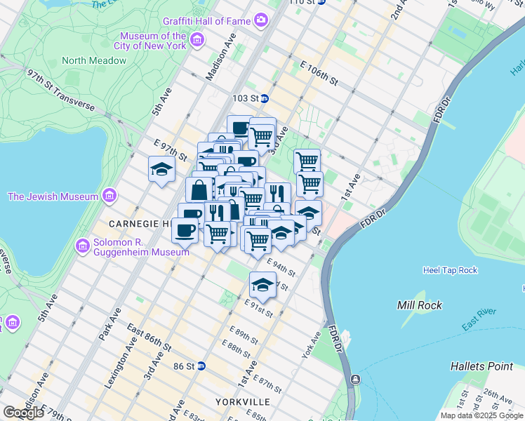 map of restaurants, bars, coffee shops, grocery stores, and more near 215 East 96th Street in New York
