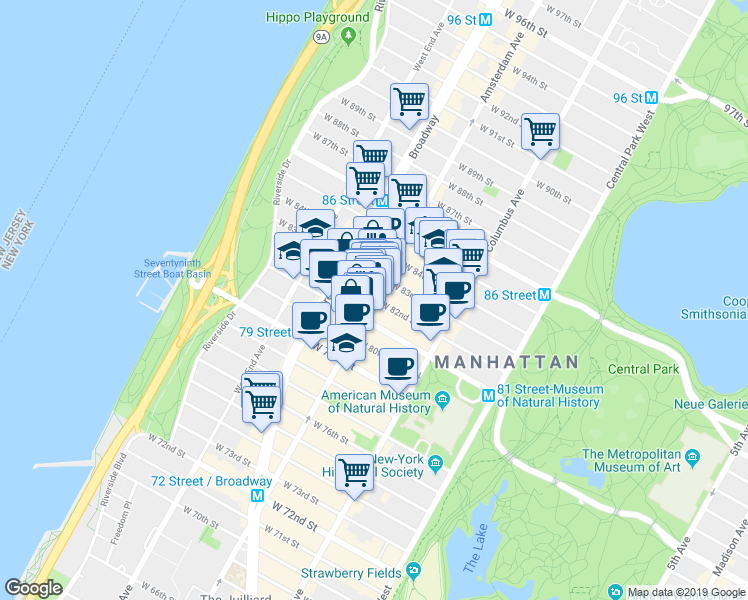 map of restaurants, bars, coffee shops, grocery stores, and more near 454 Amsterdam Avenue in New York