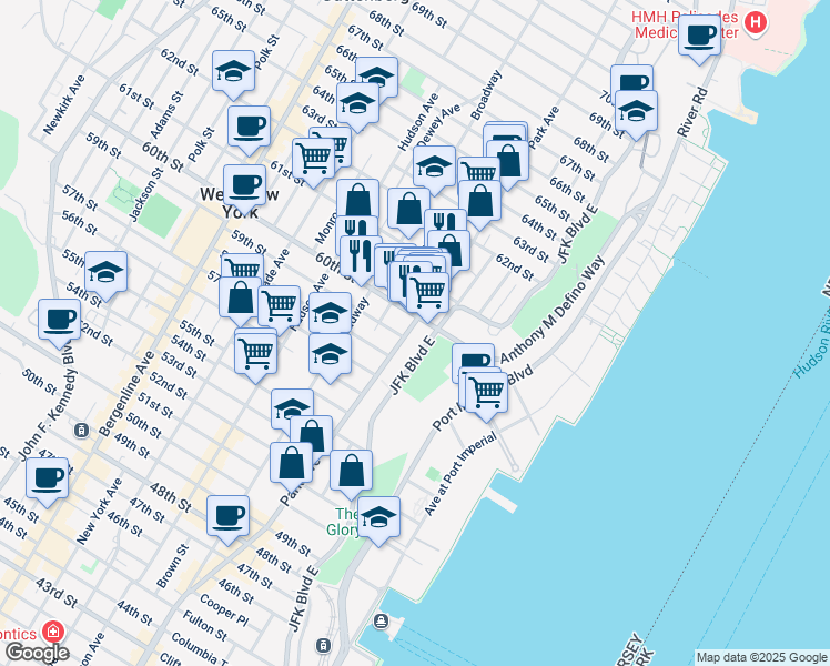 map of restaurants, bars, coffee shops, grocery stores, and more near 100 59th Street in West New York