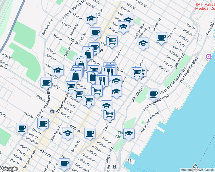 map of restaurants, bars, coffee shops, grocery stores, and more near 5607 Hudson Avenue in West New York