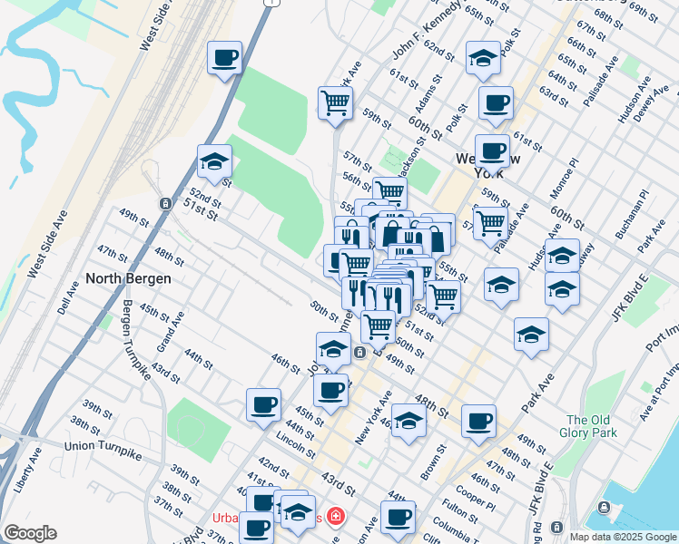 map of restaurants, bars, coffee shops, grocery stores, and more near 5201 John F. Kennedy Boulevard in North Bergen