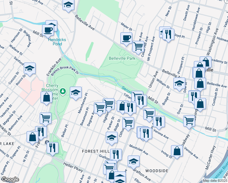 map of restaurants, bars, coffee shops, grocery stores, and more near 90 Tiffany Boulevard in Newark