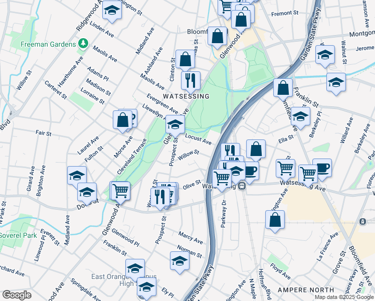 map of restaurants, bars, coffee shops, grocery stores, and more near 115 Willow Street in Bloomfield