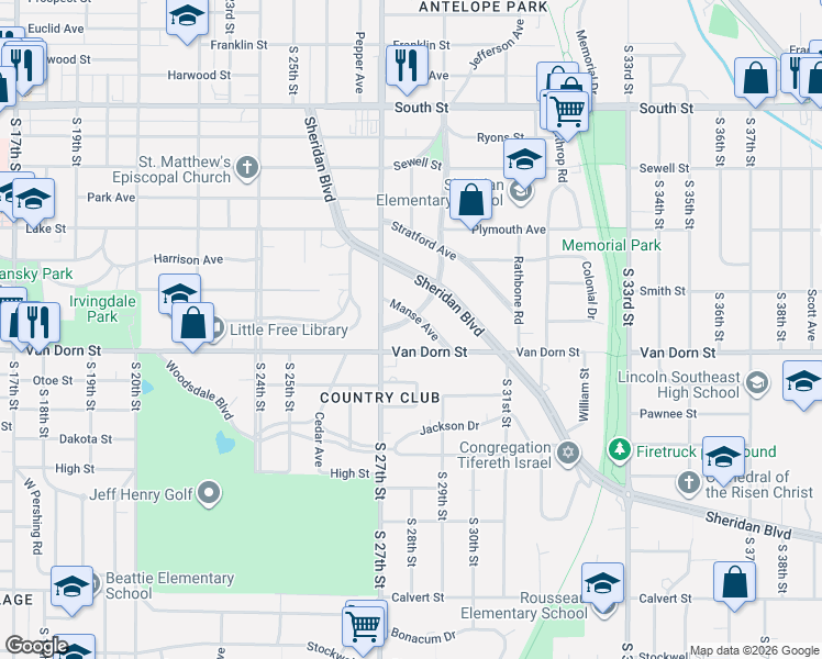 map of restaurants, bars, coffee shops, grocery stores, and more near 2825 Manse Avenue in Lincoln