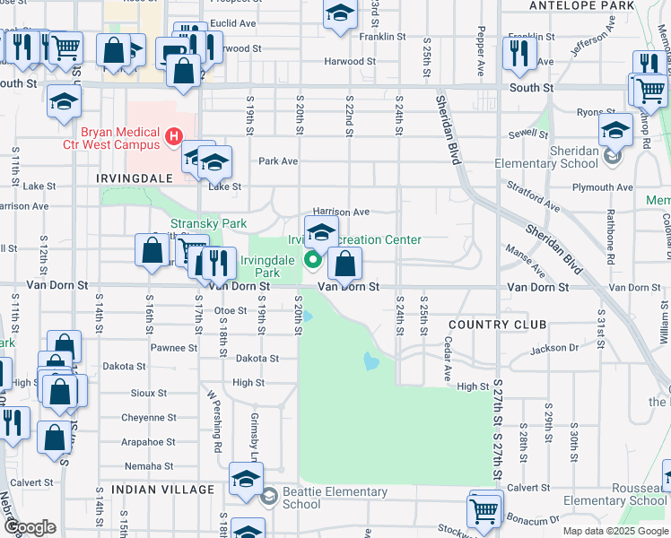 map of restaurants, bars, coffee shops, grocery stores, and more near 2745 South 22nd Street in Lincoln