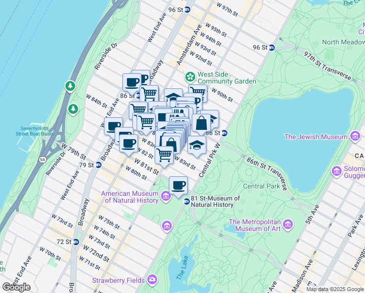 map of restaurants, bars, coffee shops, grocery stores, and more near 55 West 84th Street in New York