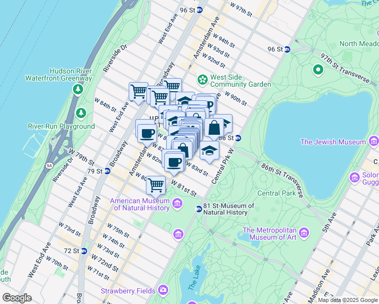 map of restaurants, bars, coffee shops, grocery stores, and more near 59 West 84th Street in New York
