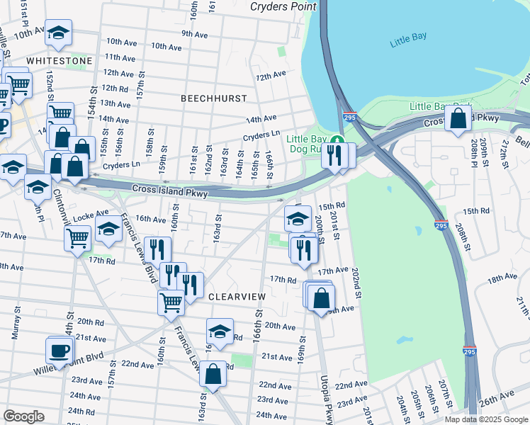 map of restaurants, bars, coffee shops, grocery stores, and more near 163-69 15th Drive in Queens