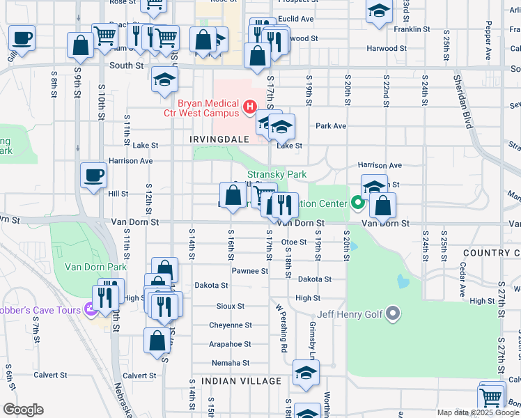 map of restaurants, bars, coffee shops, grocery stores, and more near 1675 Burr Street in Lincoln