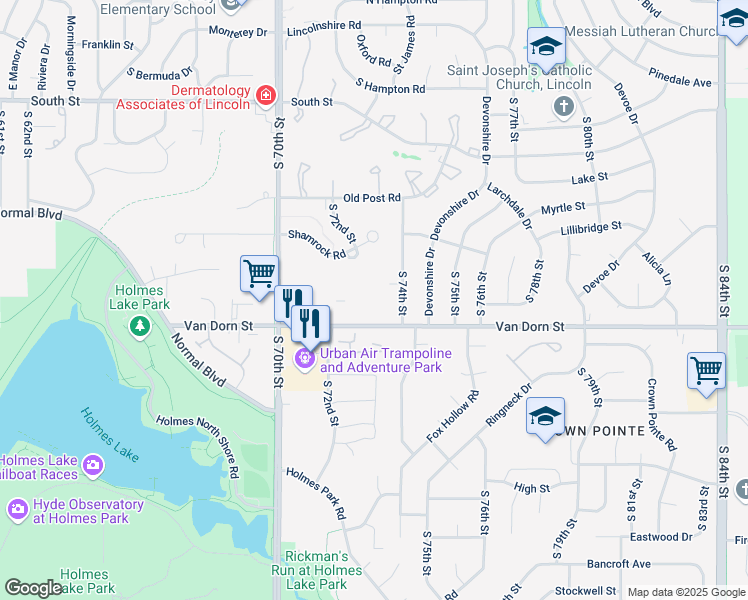 map of restaurants, bars, coffee shops, grocery stores, and more near 7208 Van Dorn Street in Lincoln