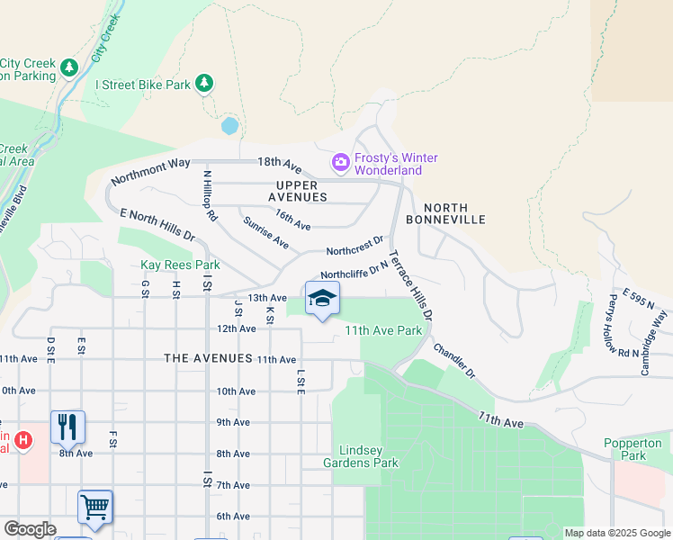 map of restaurants, bars, coffee shops, grocery stores, and more near 807 Northcliffe Drive North in Salt Lake City