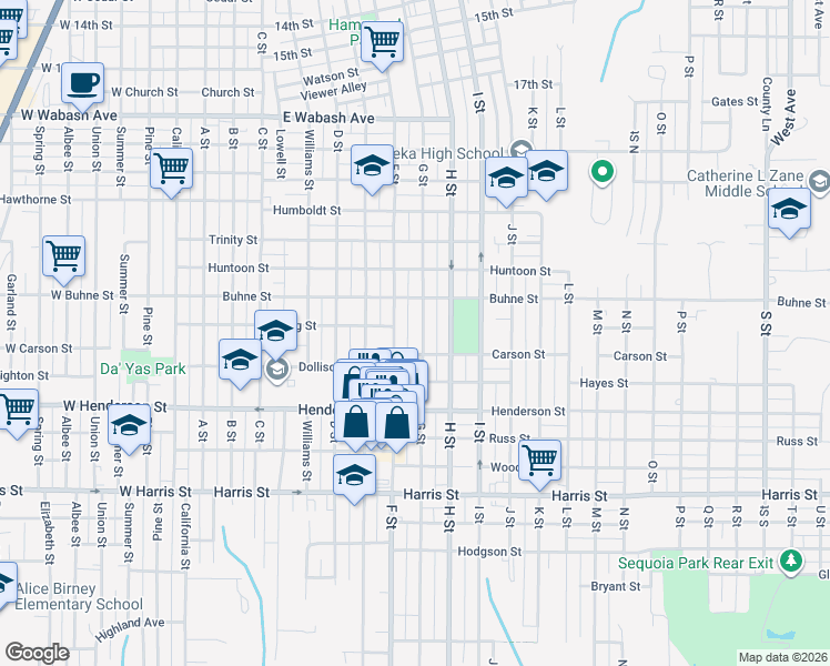 map of restaurants, bars, coffee shops, grocery stores, and more near 2514 G Street in Eureka