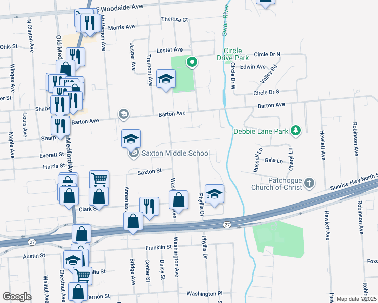 map of restaurants, bars, coffee shops, grocery stores, and more near 19 Arthur Avenue in Patchogue
