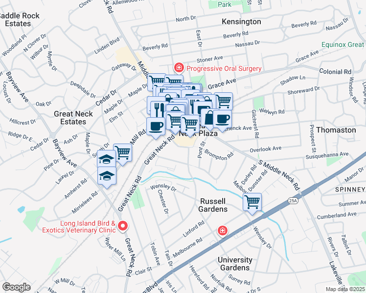 map of restaurants, bars, coffee shops, grocery stores, and more near in Great Neck Plaza