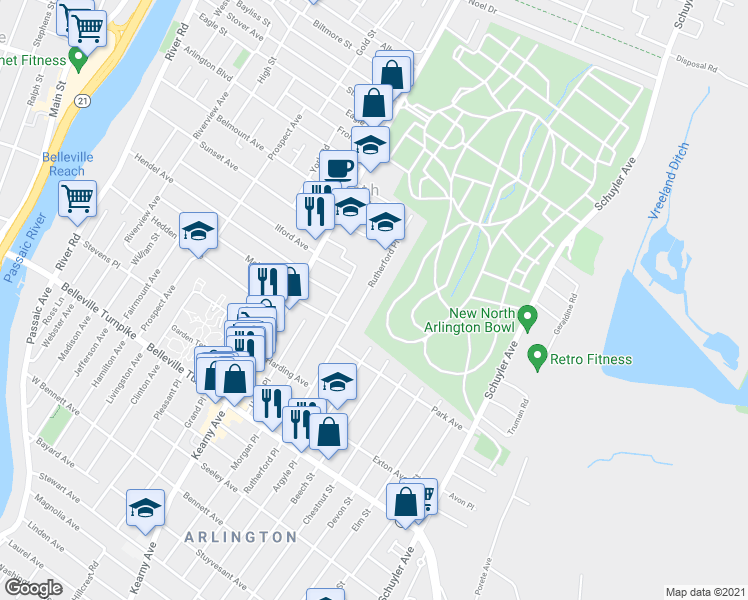 map of restaurants, bars, coffee shops, grocery stores, and more near 158 Rutherford Place in North Arlington