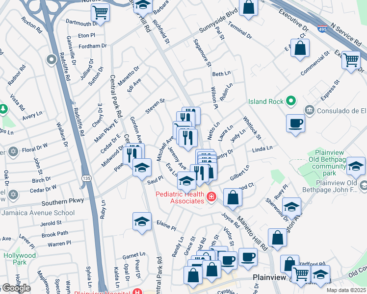 map of restaurants, bars, coffee shops, grocery stores, and more near 52 Manetto Hill Road in Plainview