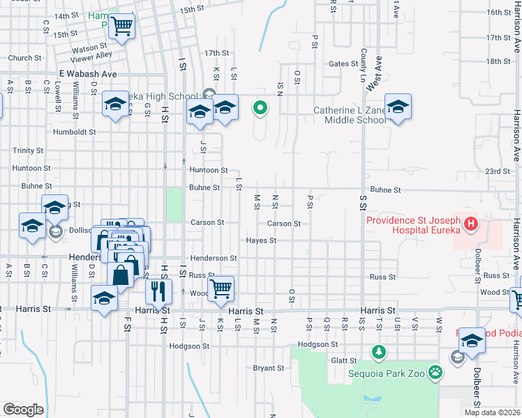 map of restaurants, bars, coffee shops, grocery stores, and more near 1210 Long Street in Eureka