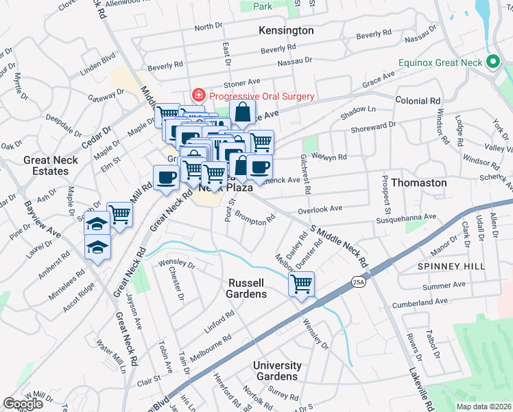 map of restaurants, bars, coffee shops, grocery stores, and more near 124 South Middle Neck Road in Great Neck
