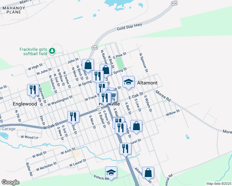 map of restaurants, bars, coffee shops, grocery stores, and more near 12 South Railroad Avenue in Frackville
