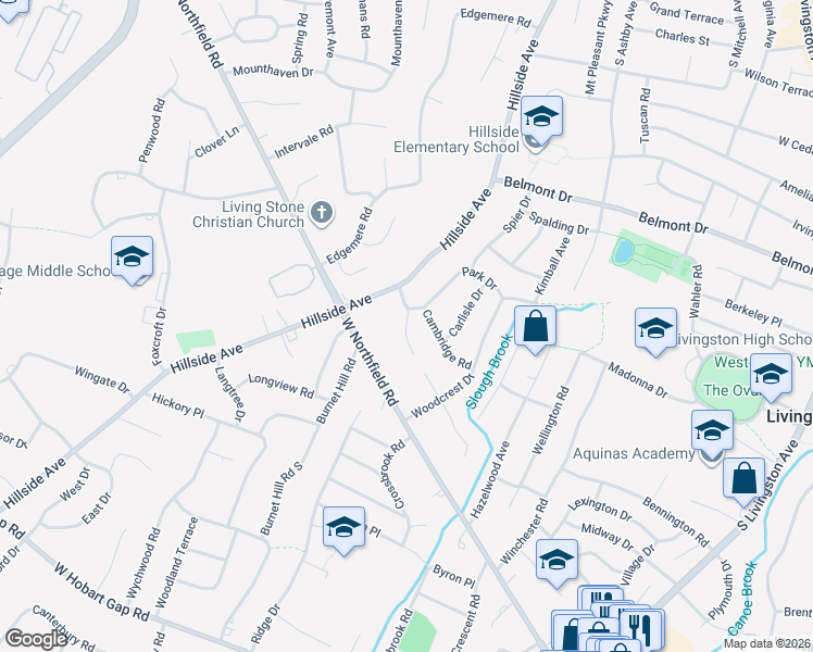 map of restaurants, bars, coffee shops, grocery stores, and more near 43 Manor Road in Livingston