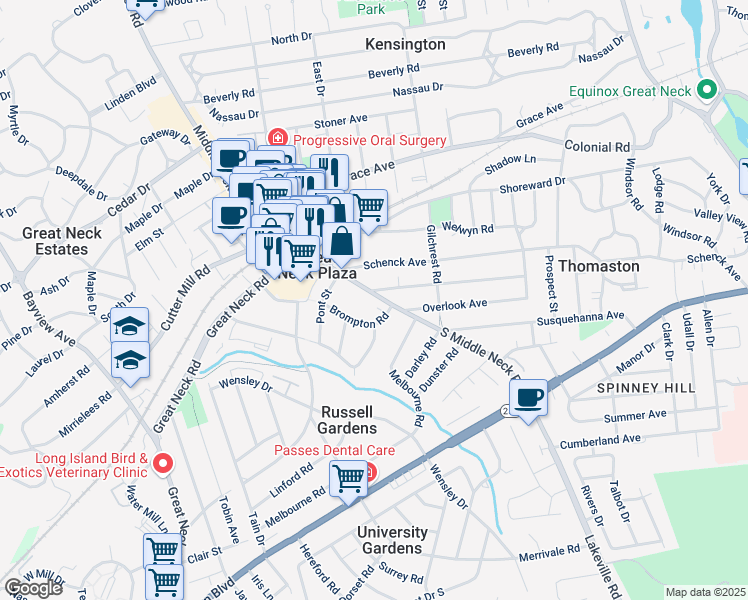 map of restaurants, bars, coffee shops, grocery stores, and more near 124 South Middle Neck Road in Great Neck
