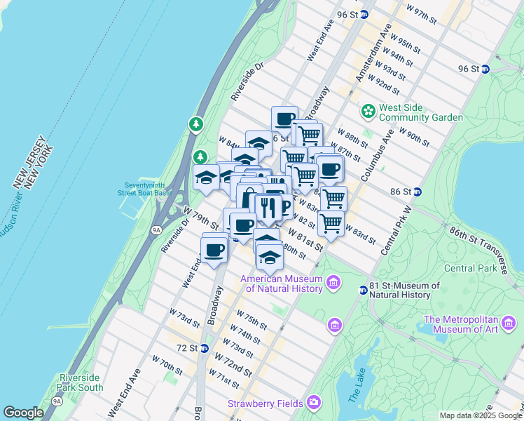map of restaurants, bars, coffee shops, grocery stores, and more near 219 West 81st Street in New York