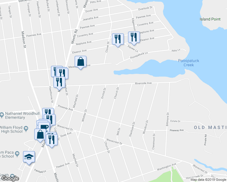 map of restaurants, bars, coffee shops, grocery stores, and more near 200 Church Drive in Mastic Beach