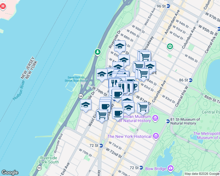 map of restaurants, bars, coffee shops, grocery stores, and more near 418 West End Avenue in New York