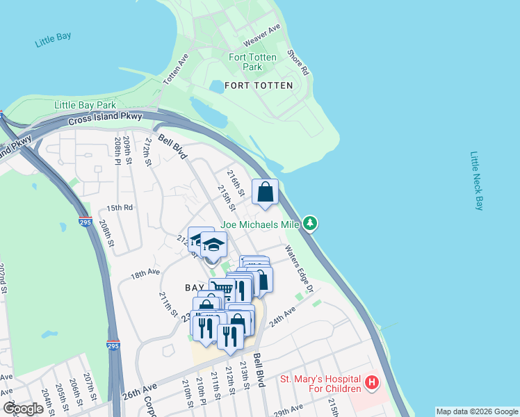 map of restaurants, bars, coffee shops, grocery stores, and more near 85 215th Street in Queens