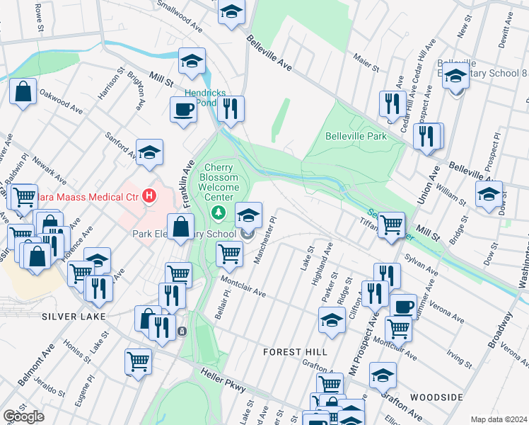 map of restaurants, bars, coffee shops, grocery stores, and more near 149 Bellair Place in Newark