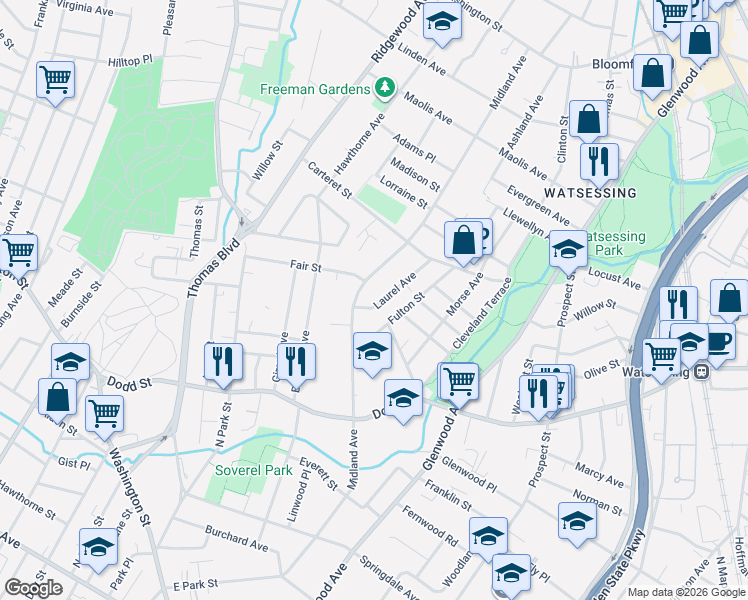 map of restaurants, bars, coffee shops, grocery stores, and more near 28 Laurel Avenue in East Orange