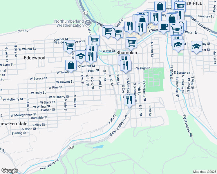 map of restaurants, bars, coffee shops, grocery stores, and more near 418 West Pine Street in Shamokin