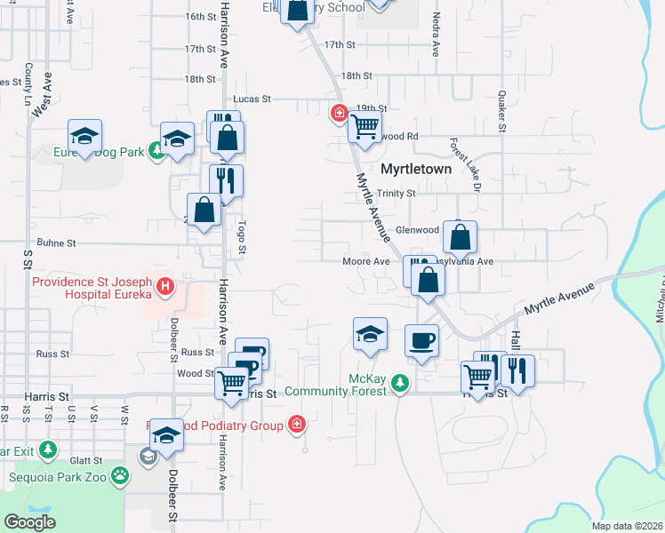 map of restaurants, bars, coffee shops, grocery stores, and more near 2900-3002 Moore Ave in Eureka