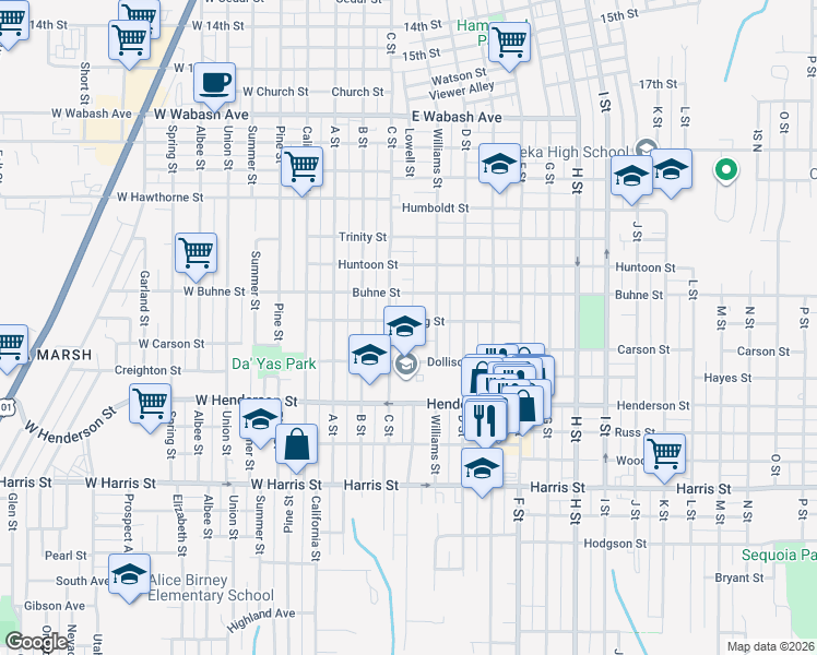 map of restaurants, bars, coffee shops, grocery stores, and more near 2507 C Street in Eureka