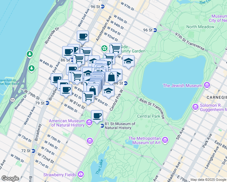 map of restaurants, bars, coffee shops, grocery stores, and more near 32 West 85th Street in New York