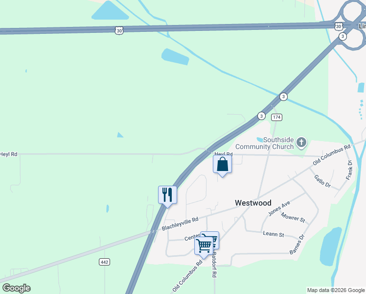 map of restaurants, bars, coffee shops, grocery stores, and more near 1375 Heyl Road in Wooster