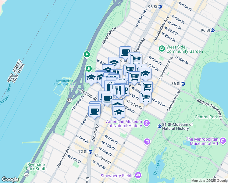 map of restaurants, bars, coffee shops, grocery stores, and more near 235 West 81st Street in New York