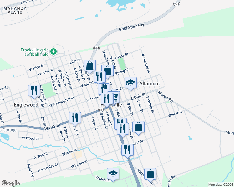 map of restaurants, bars, coffee shops, grocery stores, and more near 12 South Railroad Avenue in Frackville