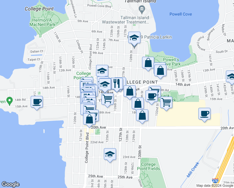 map of restaurants, bars, coffee shops, grocery stores, and more near 126-01 15th Avenue in Queens