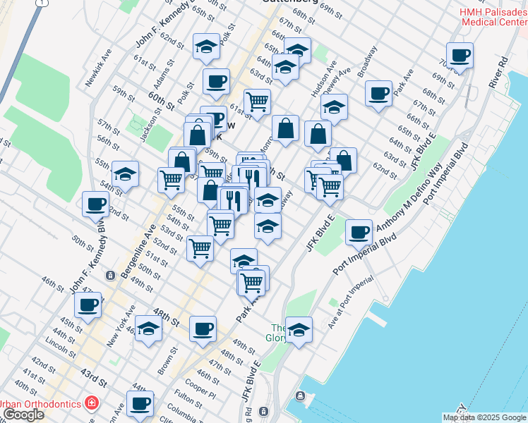 map of restaurants, bars, coffee shops, grocery stores, and more near 5701 Broadway in West New York