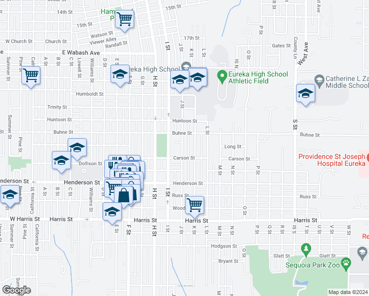 map of restaurants, bars, coffee shops, grocery stores, and more near 2511 J Street in Eureka