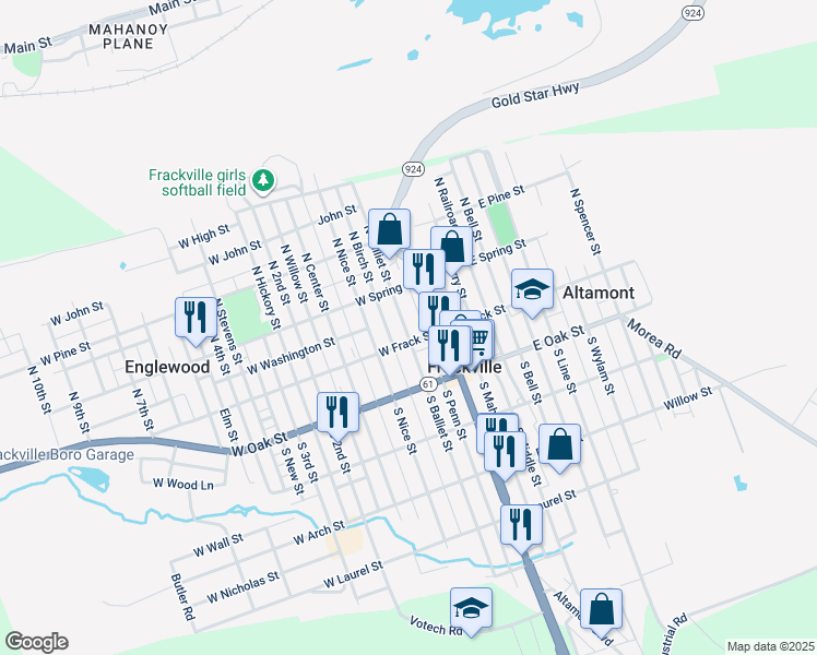 map of restaurants, bars, coffee shops, grocery stores, and more near 17-19 North Balliet Street in Frackville