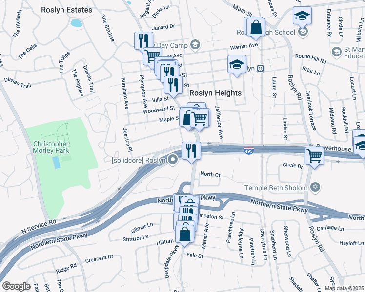 map of restaurants, bars, coffee shops, grocery stores, and more near 109 Powerhouse Road in Roslyn Heights