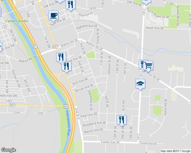 map of restaurants, bars, coffee shops, grocery stores, and more near 1040 3rd Street Southeast in Massillon