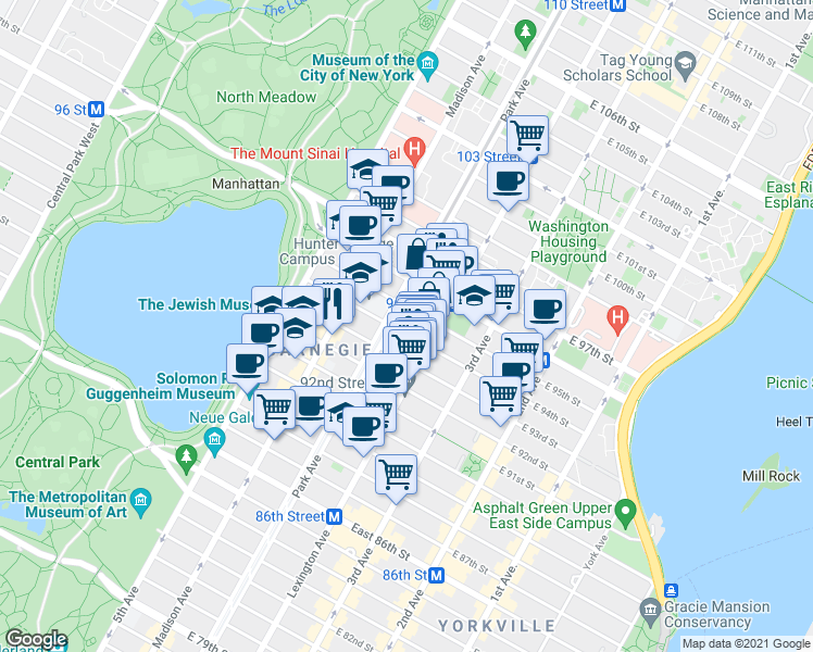 map of restaurants, bars, coffee shops, grocery stores, and more near 1199 Park Avenue in New York